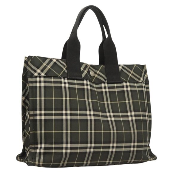 Burberrys Nova Check Blue Label Hand Bag Nylon Khaki Silver Auth hs1707 - Picture 1 of 16